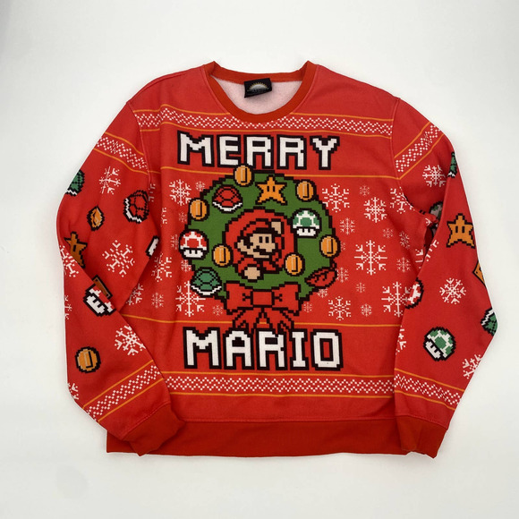 Nintendo Other - Nintendo Super Mario Bros Red Christmas Sweatshirt Mens Sz XL